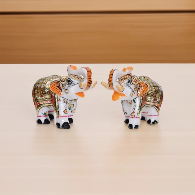 Be Kind Handicraft Marble Elephant Pair | Marble with Meenakari Work Elephant for Home Decor with Golden Work (Multicolor)- 3 inch