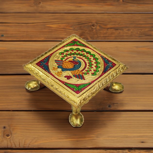 Be Kind Wooden Meenakari Aasan Chowki: Peacock Design Small Stand for Home Temple, Multicolour 4.5 inch