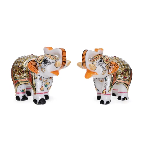 Be Kind Handicraft Marble Elephant Pair | Marble with Meenakari Work Elephant for Home Decor with Golden Work (Multicolor)- 3 inch