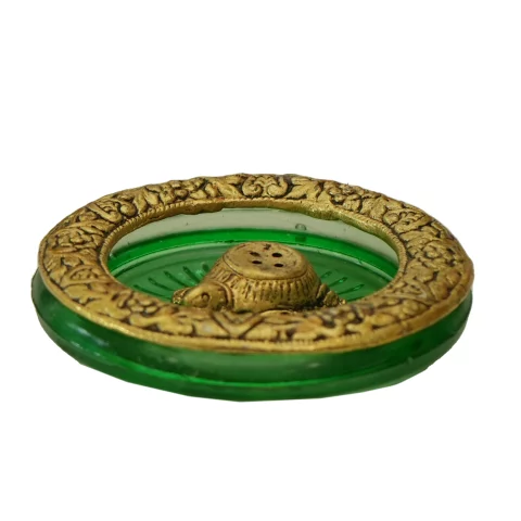Be Kind Handicraft Beautiful Tortoise Incense Holder | Tortoise Stand Placed in Green Glass Vessel with Metal Border for Gift & Return Gift- 4.5 inch (Green)