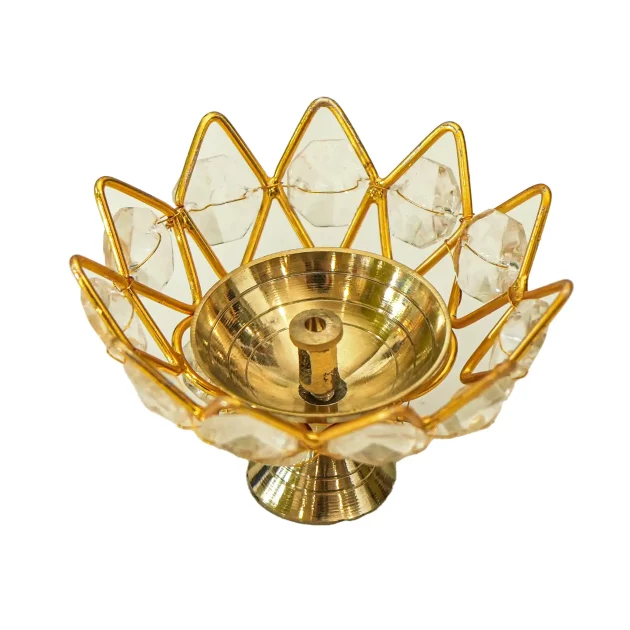Be Kind Decor Metal Crystal Diya | Brass & Crystal Diya | Akhand Jyoti for Pooja Home & Office Decor- Gift & Return Gift (Golden)
