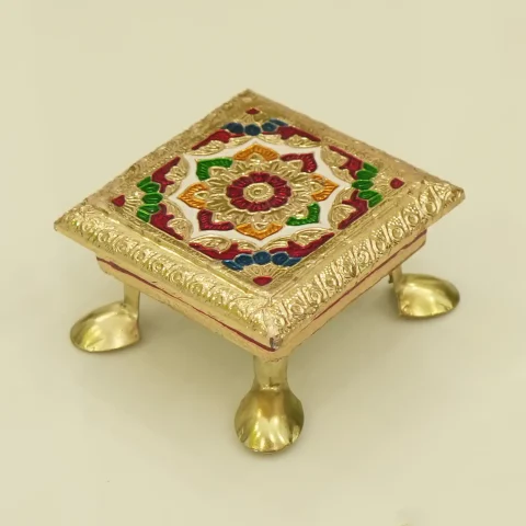 Be Kind Wooden Meenakari Aasan Chowki | Pooja Chowki Flower Design for Home Temple & Pooja (Multicolor)-3.5 inch
