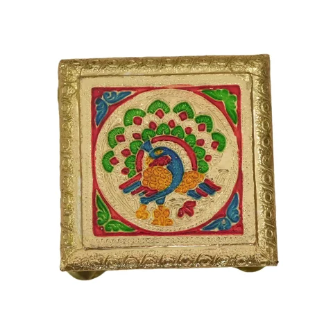 Be Kind Wooden Meenakari Aasan Chowki | Pooja Chowki Peacock Design for Home Temple (Multicolor)-3.5 inch