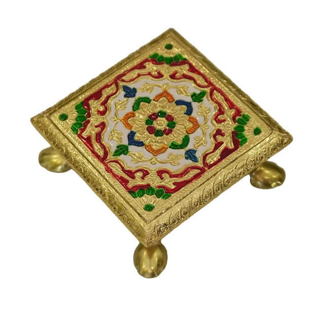 Be Kind Wooden Meenakari Aasan Chowki: Flower Design Small Stand for Home Temple, Multicolor 4.5 inch