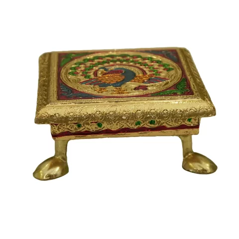 Be Kind Wooden Meenakari Aasan Chowki: Peacock Design Small Stand for Home Temple, Multicolour 4.5 inch