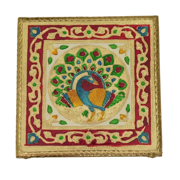 Be Kind Wooden Meenakari Aasan Chowki | Pooja Chowki Peacock for Home Temple, Gift & Return Gift (Multicolour)- 5.5 inch