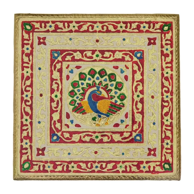 Be Kind Wooden Meenakari Aasan Chowki | Pooja Chowki Peacock Design for Home Temple,Gift & Return Gift (Multicolour)- 9.5 inch