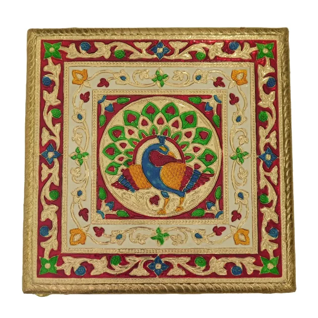 Be Kind Wooden Meenakari Aasan Chowki | Pooja Chowki Peacock Design for Home Temple,Gift & Return Gift (Multicolour)- 12 inch