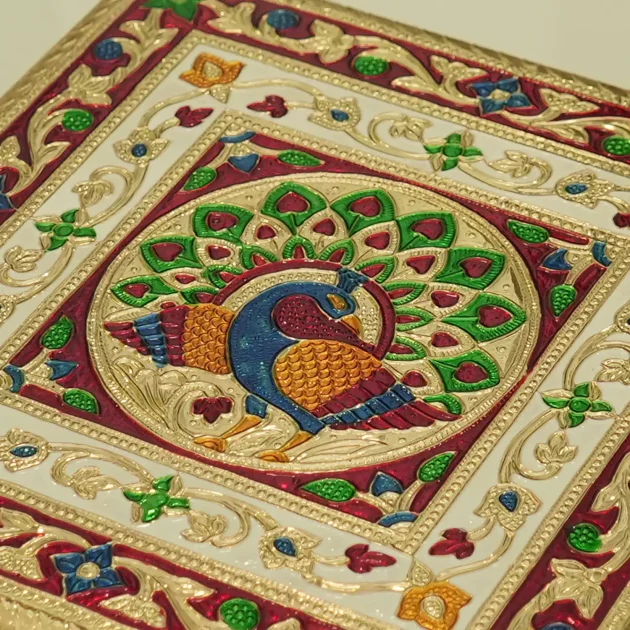 Be Kind Wooden Meenakari Aasan Chowki | Pooja Chowki Peacock Design for Home Temple,Gift & Return Gift (Multicolour)- 12 inch