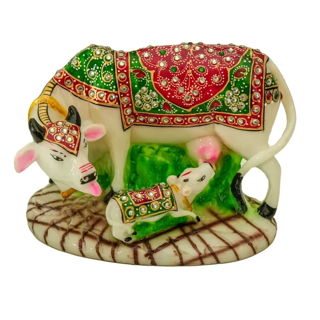 Be Kind Handicraft Kamdhenu Cow with Calf Idol for Pooja in Home Temple and Home Decor Gift item(Multicolor)- 7 inch