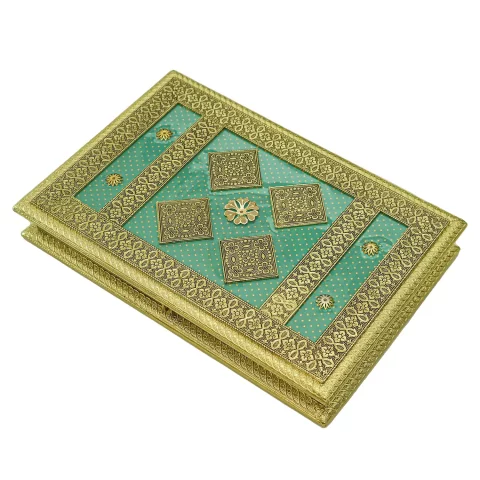 Be Kind Decorative Oxidised Wooden Dry Fruit Box | Multipurpose Box with 4 flower design for Dry Fruit, Chocolates & Mouth freshners,Gift & Return Gift-15 inch (Aqua green)