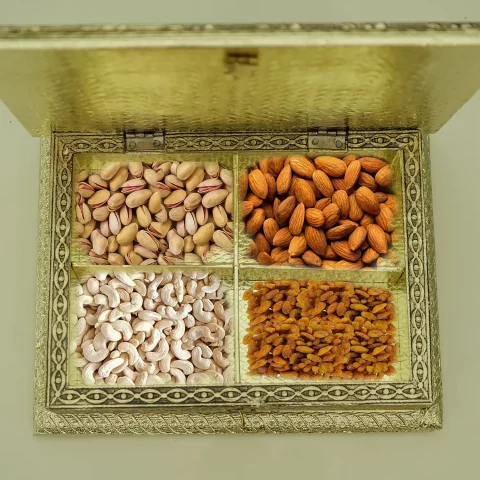 Be Kind Decorative Oxidised Wooden Dry Fruit Box | Multipurpose Box for Dry fruit, Chocolates, Gift & Return Gift (Golden)- 12 inch