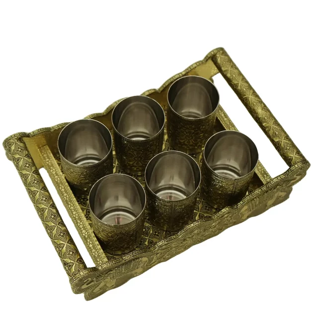 Be Kind Decorative Oxidised Stainless Steel 6 Glass Set | Wooden Serving Tray for Home & Office Decor-12 inch