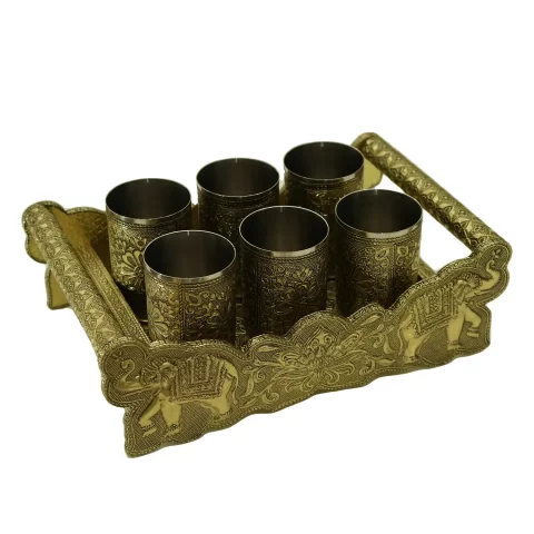 Be Kind Decorative Oxidised Stainless Steel 6 Glass Set | Wooden Serving Tray for Home & Office Decor-12 inch