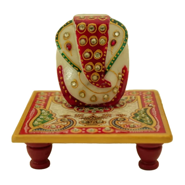 Be Kind Handicraft Marble Chowki Ganesha with Peacock Design | Ganesha with chowki | Decorative Showpiece for Pooja, Home & Office Decor- 4 inch (Multicolor)