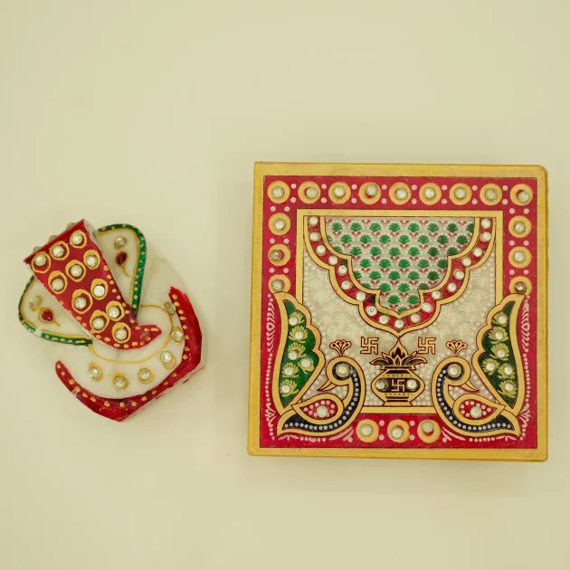 Be Kind Handicraft Marble Chowki Ganesha with Peacock Design | Ganesha with chowki | Decorative Showpiece for Pooja, Home & Office Decor- 4 inch (Multicolor)