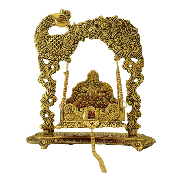 Be Kind Metal Laddu Gopal ji Jhula | Decorative Jhula with Paecock Design | Swing for Lord Krishna- (Golden) - 10 inch