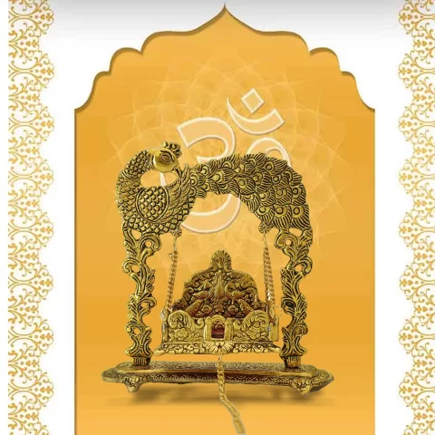 Be Kind Metal Laddu Gopal ji Jhula | Decorative Jhula with Paecock Design | Swing for Lord Krishna- (Golden) - 10 inch