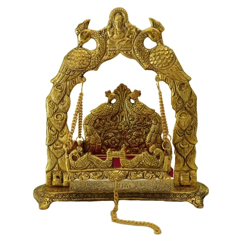 Be Kind Decorative Metal Laddu Gopal Jhula | Laddu Gopal Palna for Pooja, Home & Office Decor- 10 inch (Golden)Decorative 2-Peacock Design