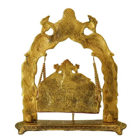 Be Kind Decorative Metal Laddu Gopal Jhula | Laddu Gopal Palna for Pooja, Home & Office Decor- 10 inch (Golden)Decorative 2-Peacock Design