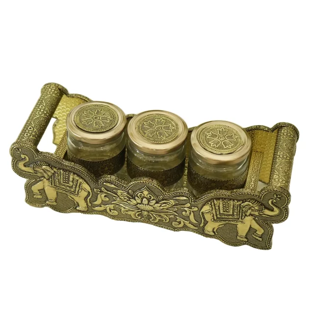 Be Kind Oxidised Wooden Meenakari Tray with Jar set | Serving Tray with 3 Designer Glass Jar Set | Gift & Return Gift- 11 inch
