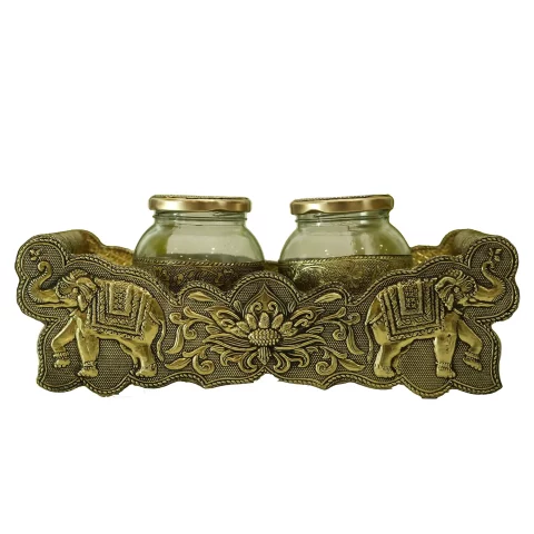 Be Kind Oxidised Wooden Meenakari Tray with Jar set | Serving Tray with 2 Designer Glass Jar Set | Gift & Return Gift- 12 inch