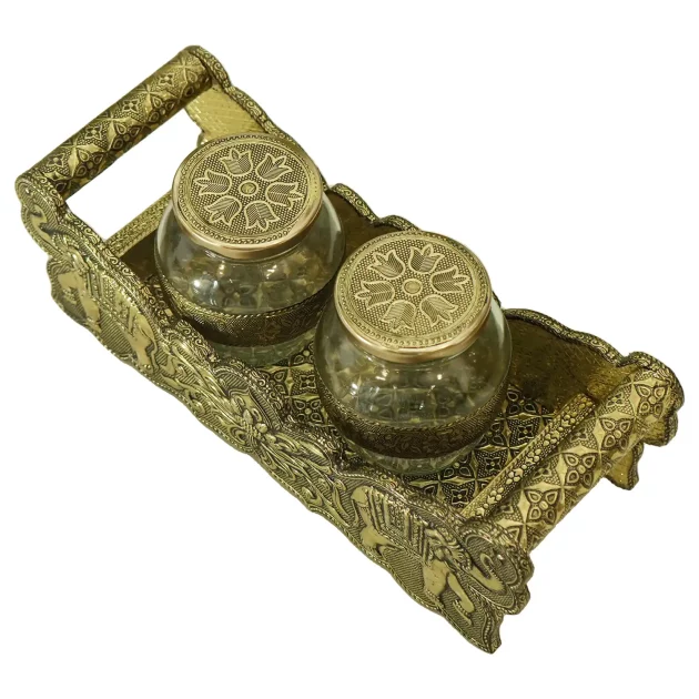 Be Kind Oxidised Wooden Meenakari Tray with Jar set | Serving Tray with 2 Designer Glass Jar Set | Gift & Return Gift- 12 inch