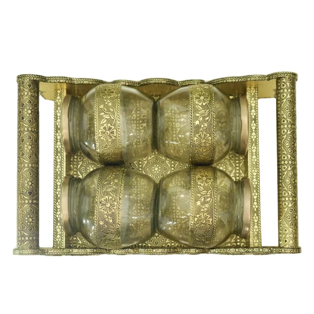 Be Kind Oxidised Wooden Meenakari Tray with Jar set | Serving Tray with 4 Designer Glass Jar Set | Gift & Return Gift- 12 inch