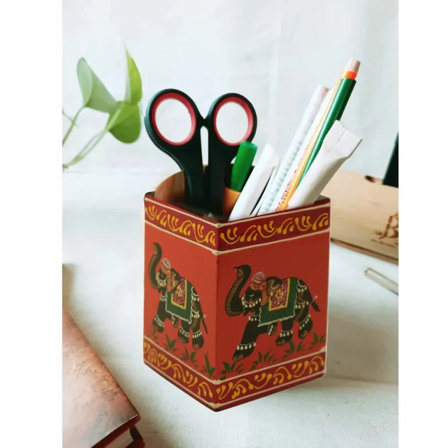 Be Kind Hand Painted Stylish Wooden Elephant Print Pen Stand cum desk organiser For Home and ofiice