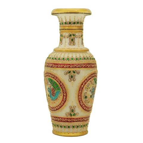 Be Kind Decorative Marble Flower Pot | Marble Flower Vase Cum showpiece with Peacock Design Golden Accents for Living Room, Home & Office Decor- 9 inch