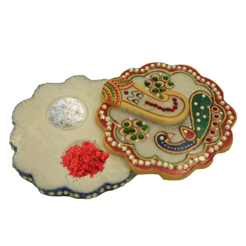 Be Kind Handicraft Marble Roli Chopra Ganesha design for Home & Office | Designer Decorative Pooja Kumkum Sindur Rice Tilak Chopda (Multicolor)- 3 inch