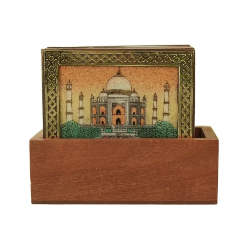 Be Kind Wooden Tea coasters with holder | Wood brass Taj Mahal print (Set of 6) 4x4 inch