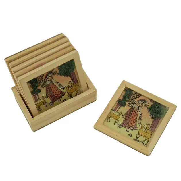 Be Kind Wooden Coaster Set of 6 with Coaster Stand | Rajasthani Print Hand-Painted Coaster for Tea, Coffee, Glasses & Mugs (Multicolor) 4×4 inch