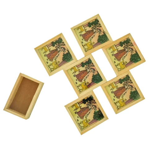 Be Kind Wooden Coaster Set of 6 with Coaster Stand | Rajasthani Print Hand-Painted Coaster for Tea, Coffee, Glasses & Mugs (Multicolor) 4×4 inch