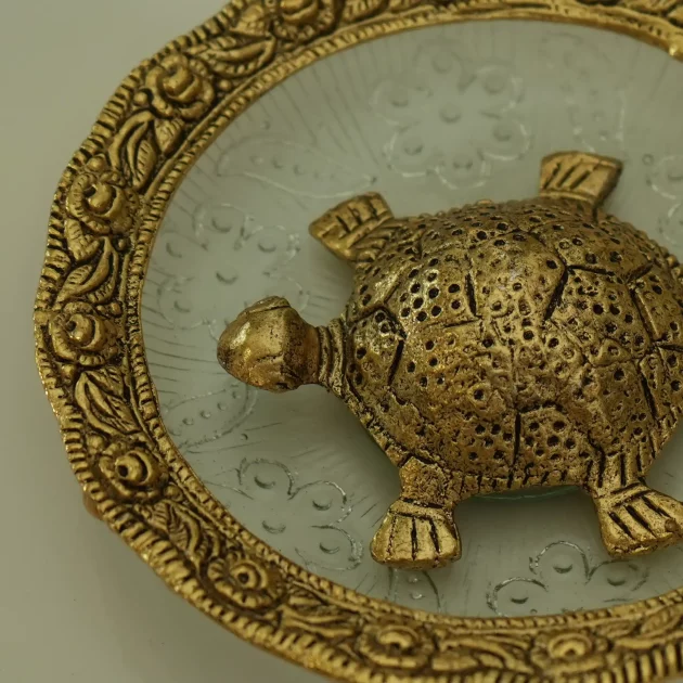 Be Kind Handicraft Feng Shui Golden Tortoise with Glass Plate | Decorative Metal Tortoise for Wish Fulfilling, Feng Shui, Showpiece, Vastu Item & Kachua for Good Luck, Gift & Return Gift- (Golden) 5.5 inch