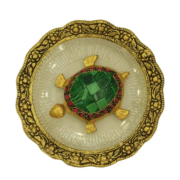 Be Kind Handicraft Feng Shui Stone Tortoise with Glass Plate | Decorative Metal Tortoise for Feng Shui, Showpiece, Vastu Item & Kachua for Good Luck, Gift & Return Gift (Green)- 5.5 inch