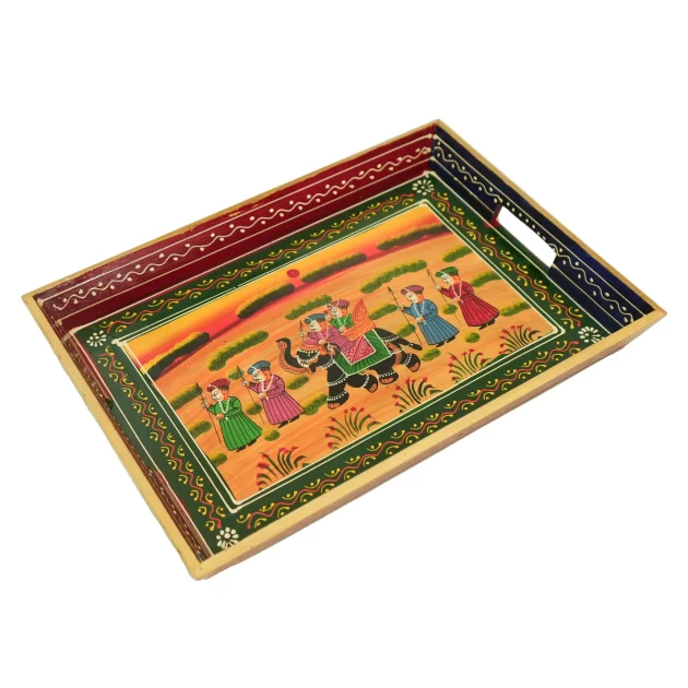 Be Kind Handicraft Elephant Print Serving Tray (Set of 3) | Wooden Serving Tray for Table Decor, Home Decor, Dining, Serving and Gifts- 13 inch, 14 inch & 15 inch (Multicolor)