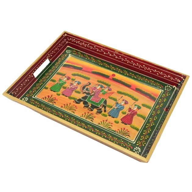 Be Kind Handicraft Elephant Print Serving Tray (Set of 3) | Wooden Serving Tray for Table Decor, Home Decor, Dining, Serving and Gifts- 13 inch, 14 inch & 15 inch (Multicolor)