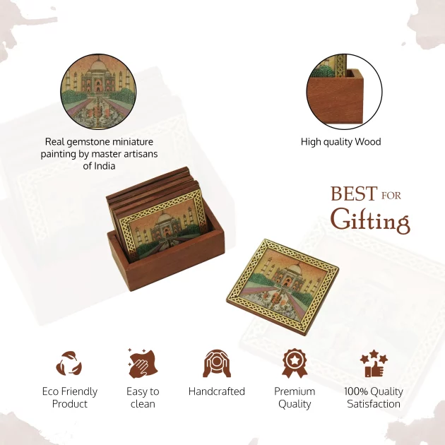 Be Kind Wooden Tea coasters with holder | Wood brass Taj Mahal print (Set of 6) 4x4 inch