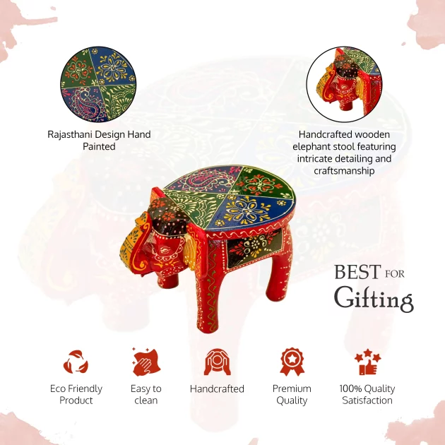 Be Kind Wooden Decorative Hand Painted Elephant design Stool | Handcrafted Stool cum Side Table for Home, Office,Living & Bedroom Decor (Multicolor) -8 inch