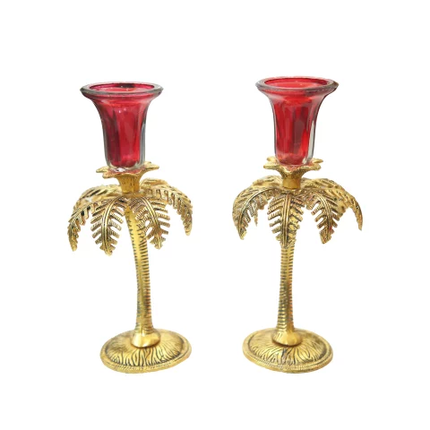 Be Kind Metal Palm (khajur) Tree Candle Stand (Set of 2) | Tea Light unique holder stand Showpiece for Hotel decor, Home & office decor-8.5 inch (Color-Red)