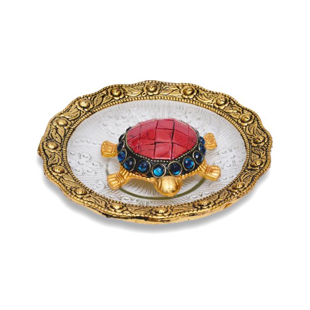 Be Kind Handicraft Feng Shui Stone Tortoise with Glass Plate | Decorative Metal Tortoise for Feng Shui, Showpiece, Vastu Item & Kachua for Good Luck, Gift & Return Gift (Red)- 5.5 inch